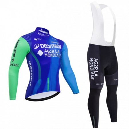 Set Fietsshirt Lange Mouw + Lange Koersbroek 2025 Decathlon Ag2r Blauw